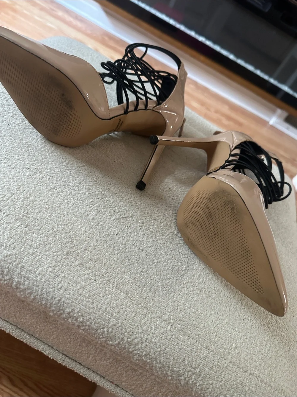 Patent Pointed-Toe Heels in Nude